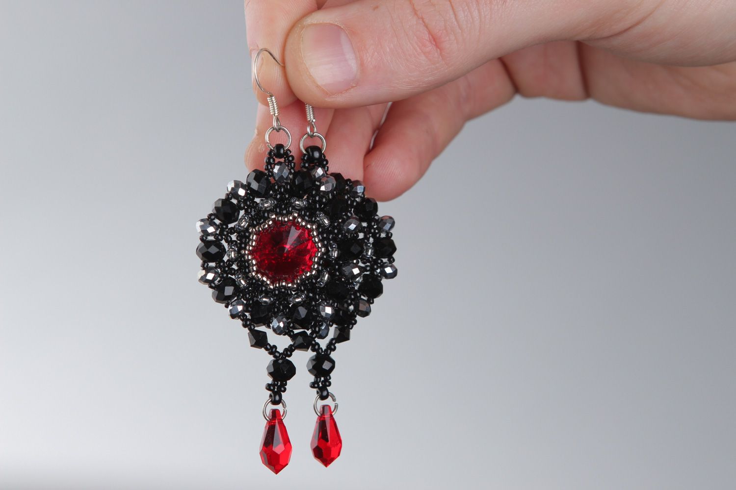 Handmade evening black beaded earrings with red charms for ladies of fashion photo 3