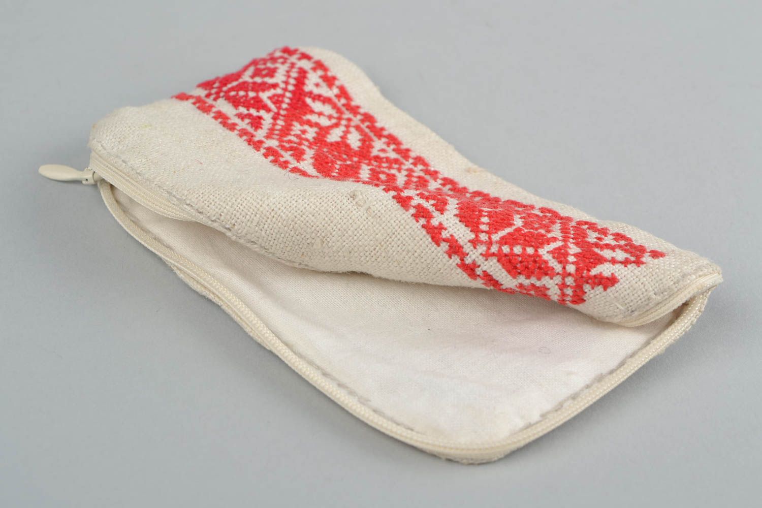 Handmade designer hemp fabric phone case with red cross stitch embroidery photo 5