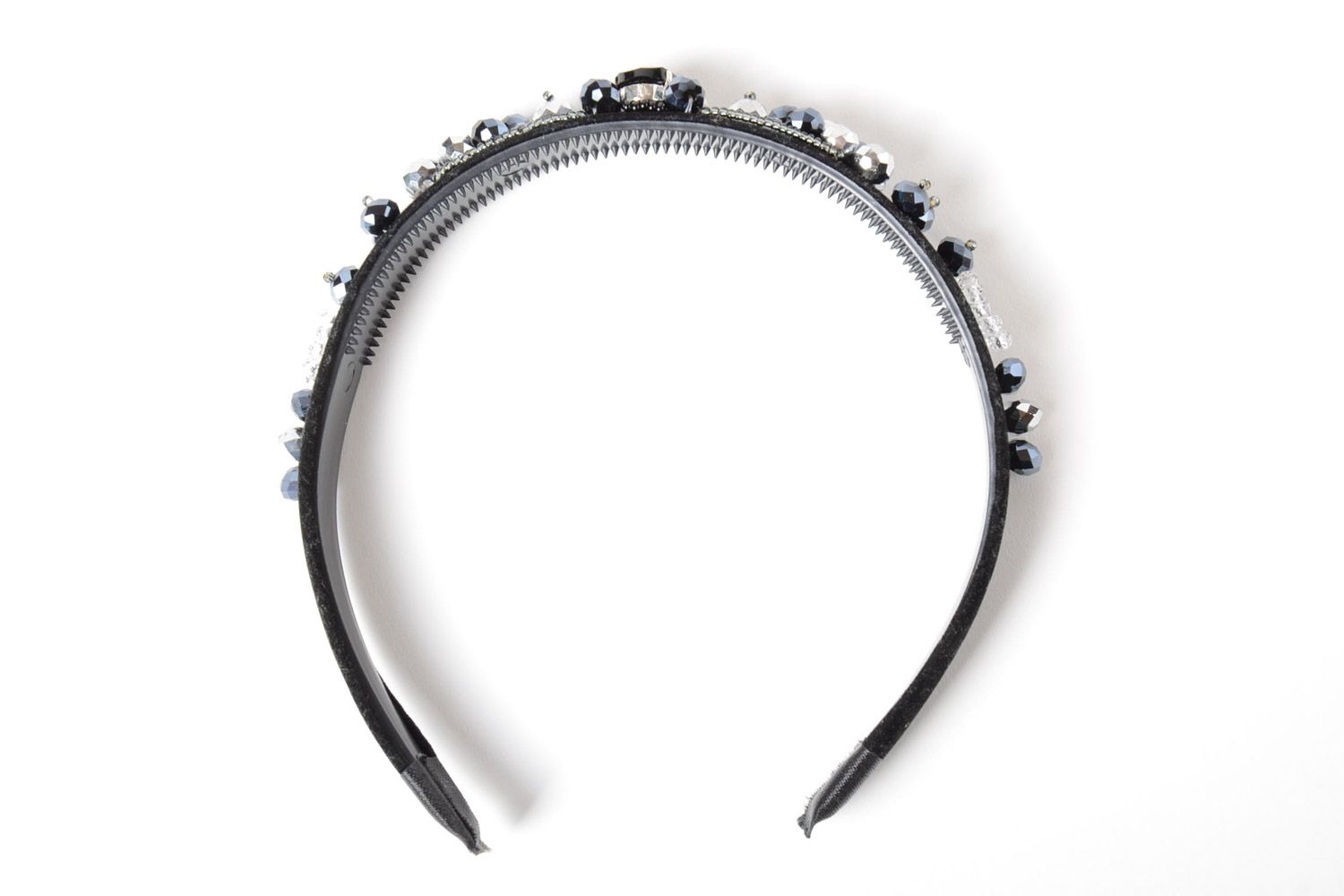 Handmade black evening velvet headband with beads photo 5