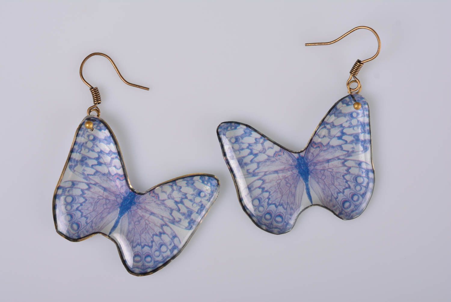 Unusual small handmade designer epoxy earrings in the shape of butterflies photo 4