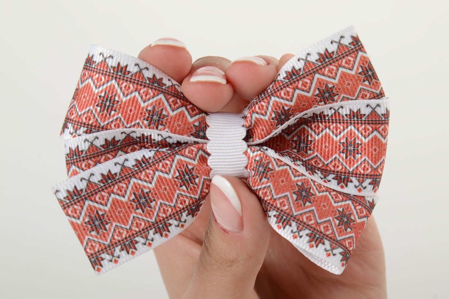 Bow handmade hair barrette in ethnic style for girl red and white photo 3