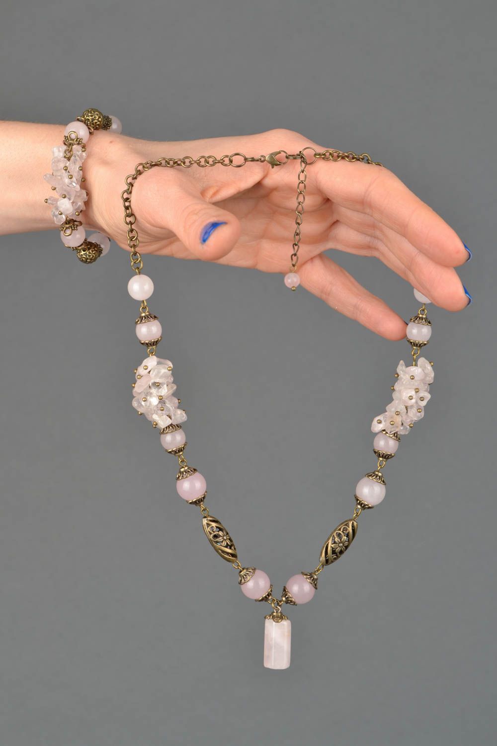 Handmade necklace and bracelet with pink quartz photo 2
