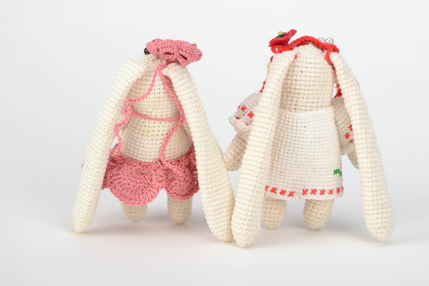Set of handmade crochet soft toys created of cotton threads 2 pieces Hares girls photo 5