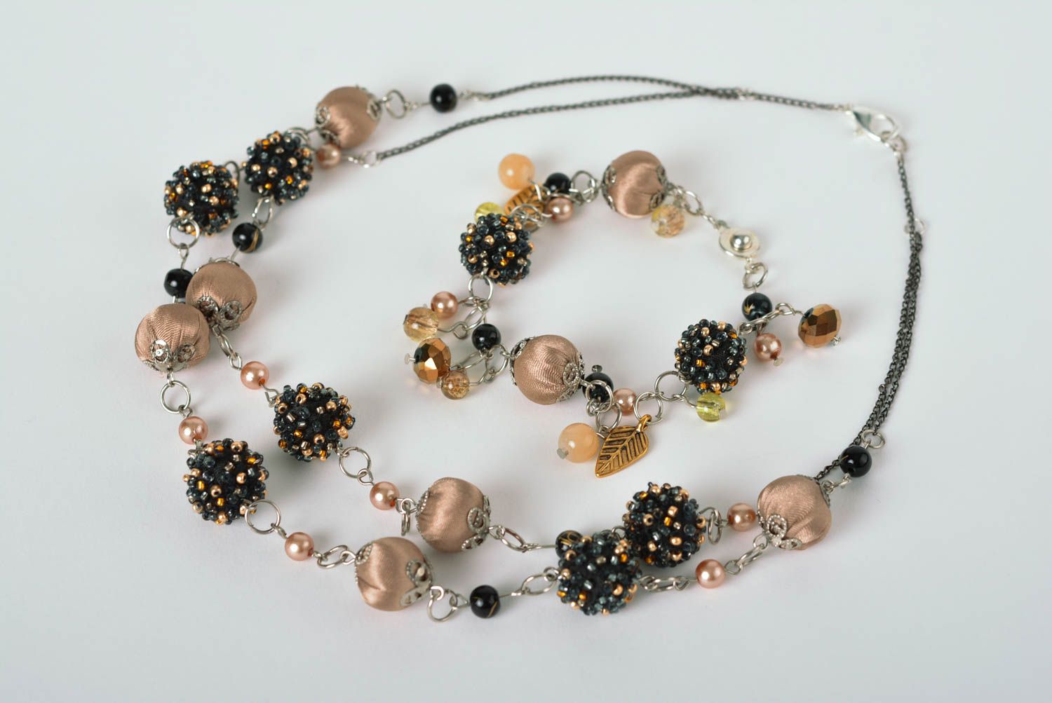 Handmade Schmuck Set aus Perlen und Textil Schmuck Armband Collier Halskette foto 1