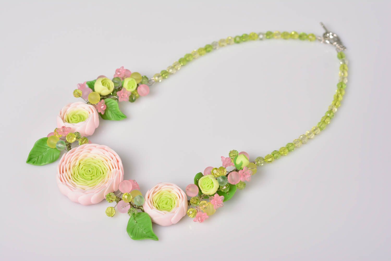 Handmade designer necklace with light pink polymer clay flowers Ranunculus photo 1