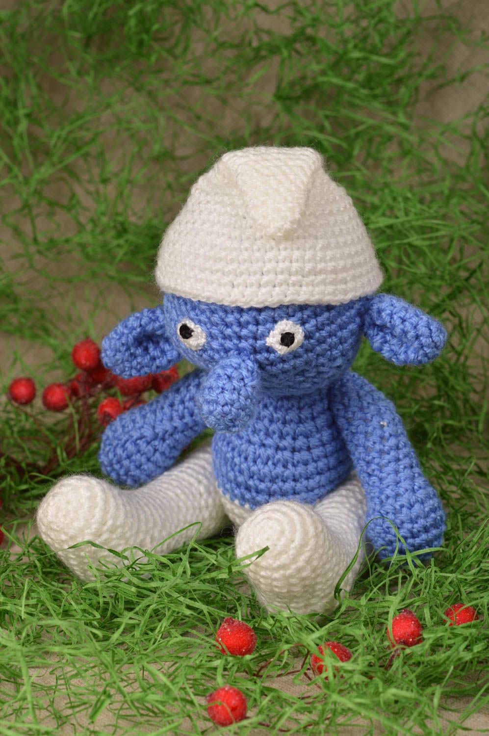 Jouet tricoté Peluche faite main en forme de gnome bleu blanc Cadeau enfant photo 1