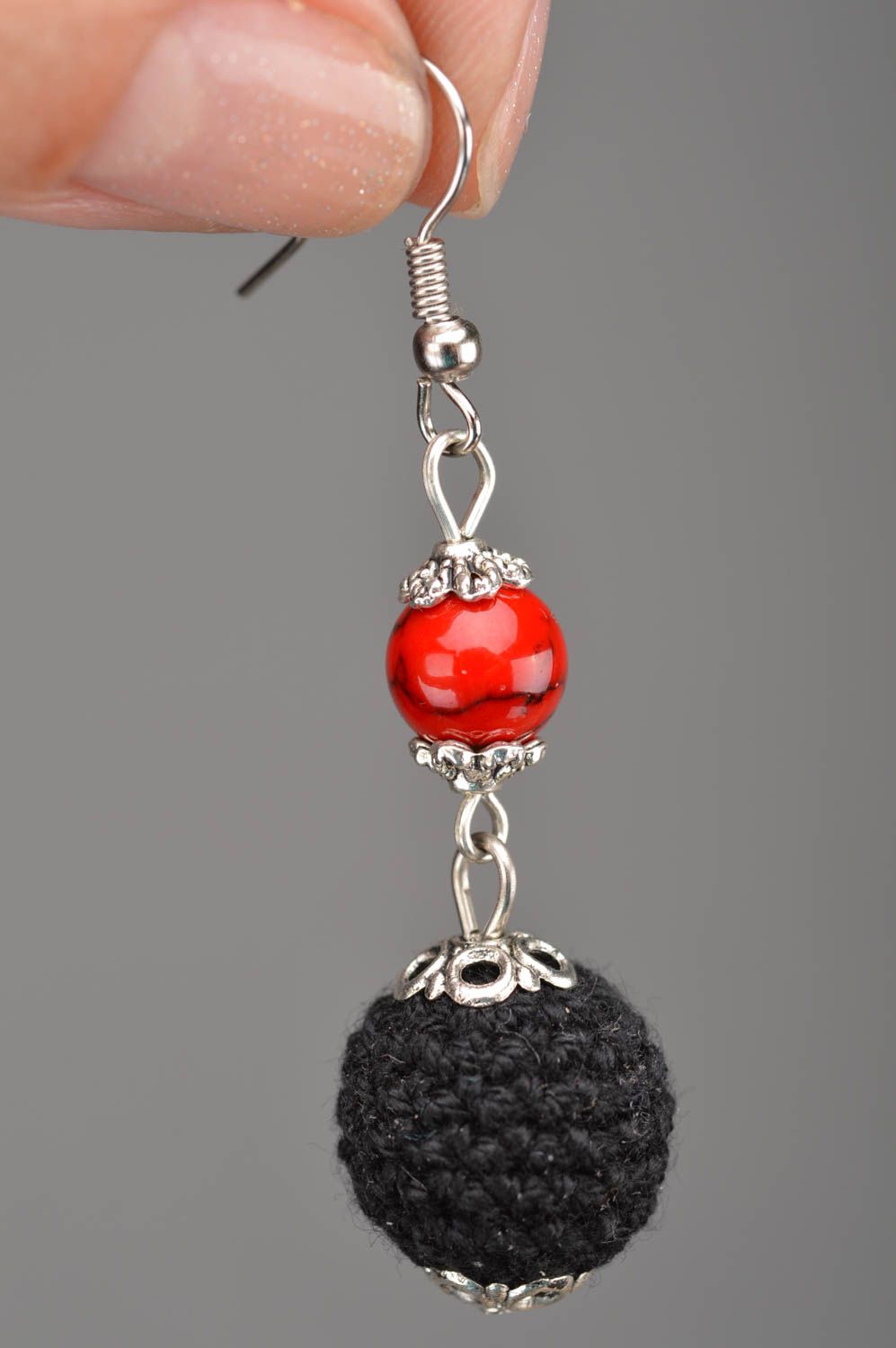 Black beaded crocheted earrings designer handmade accessory for every day photo 2