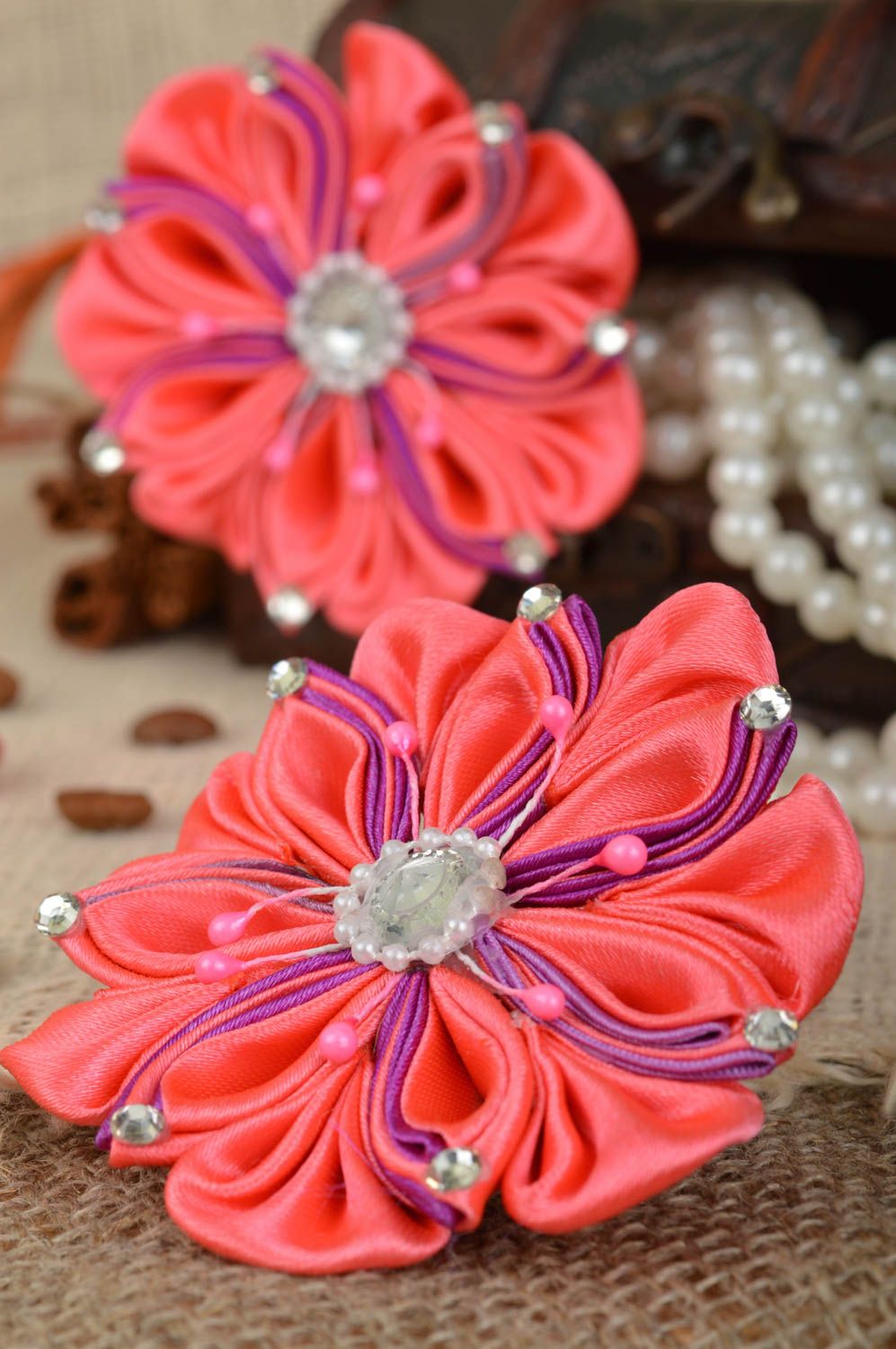 Set of 2 handmade decorative hair ties with bright pink kanzashi flowers photo 1