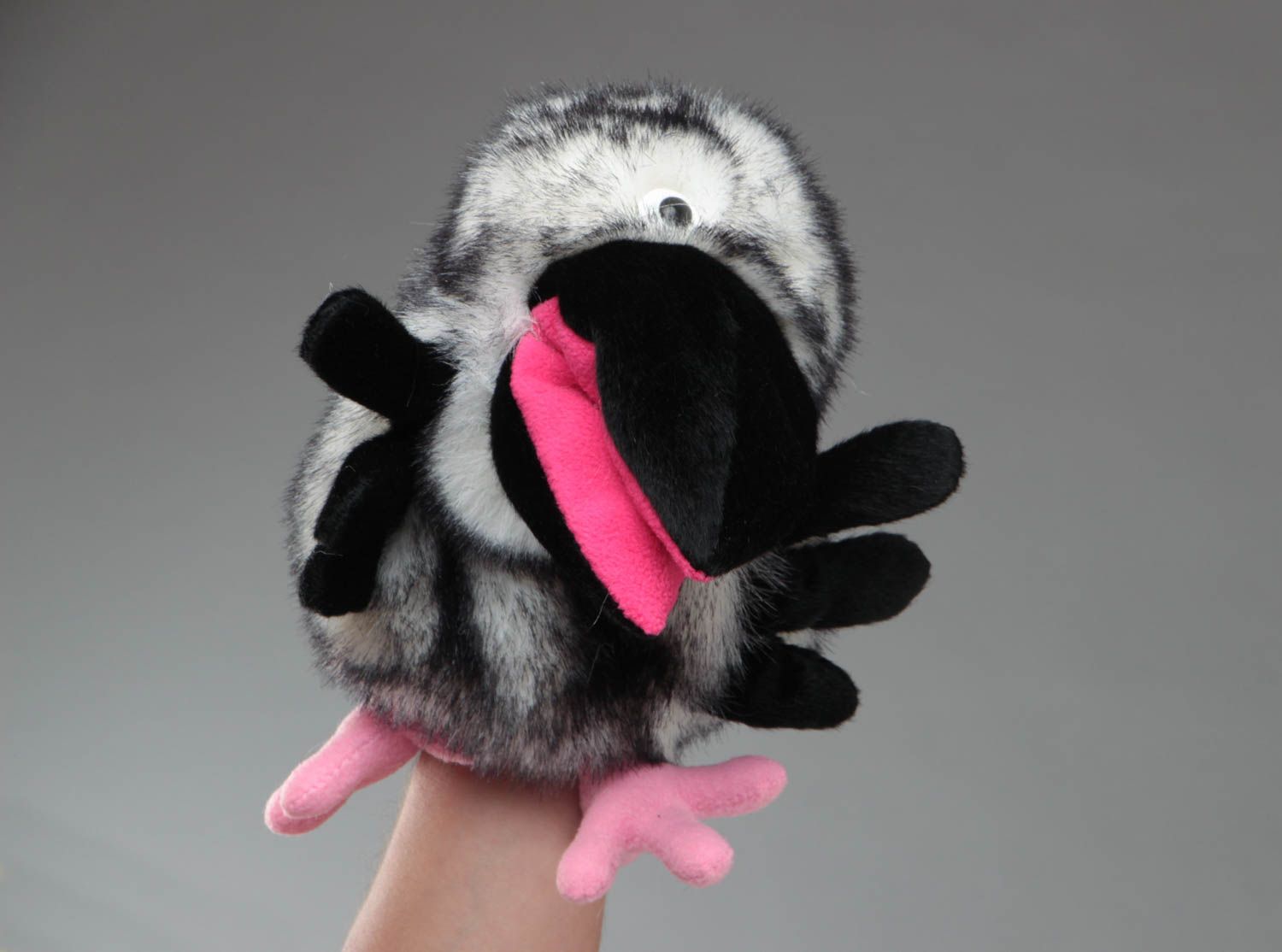 Handmade soft glove toy sewn of gray faux fur Crow for home puppet theater photo 5