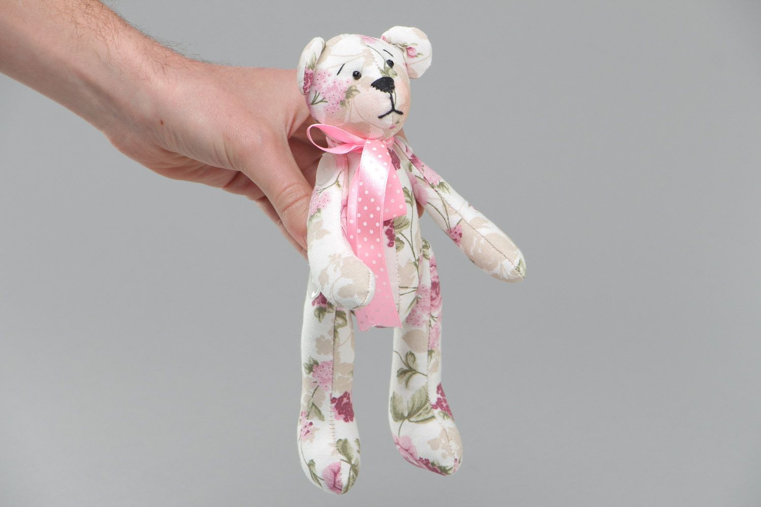 Handmade soft toy bear sewn of cotton fabric with light floral print photo 5