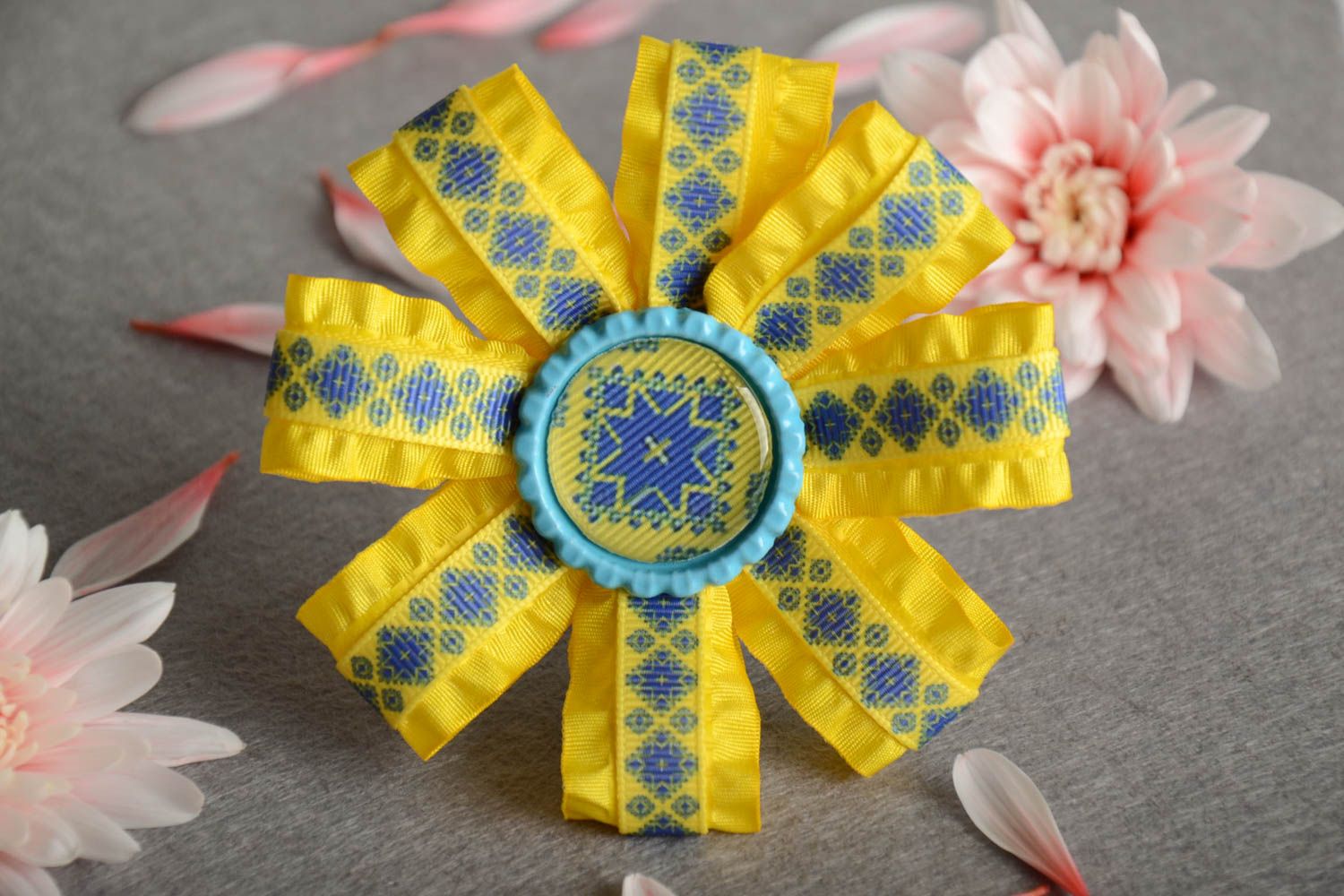 Yellow scrunchy made of rep ribbons for girls handmade large hair barrette photo 1