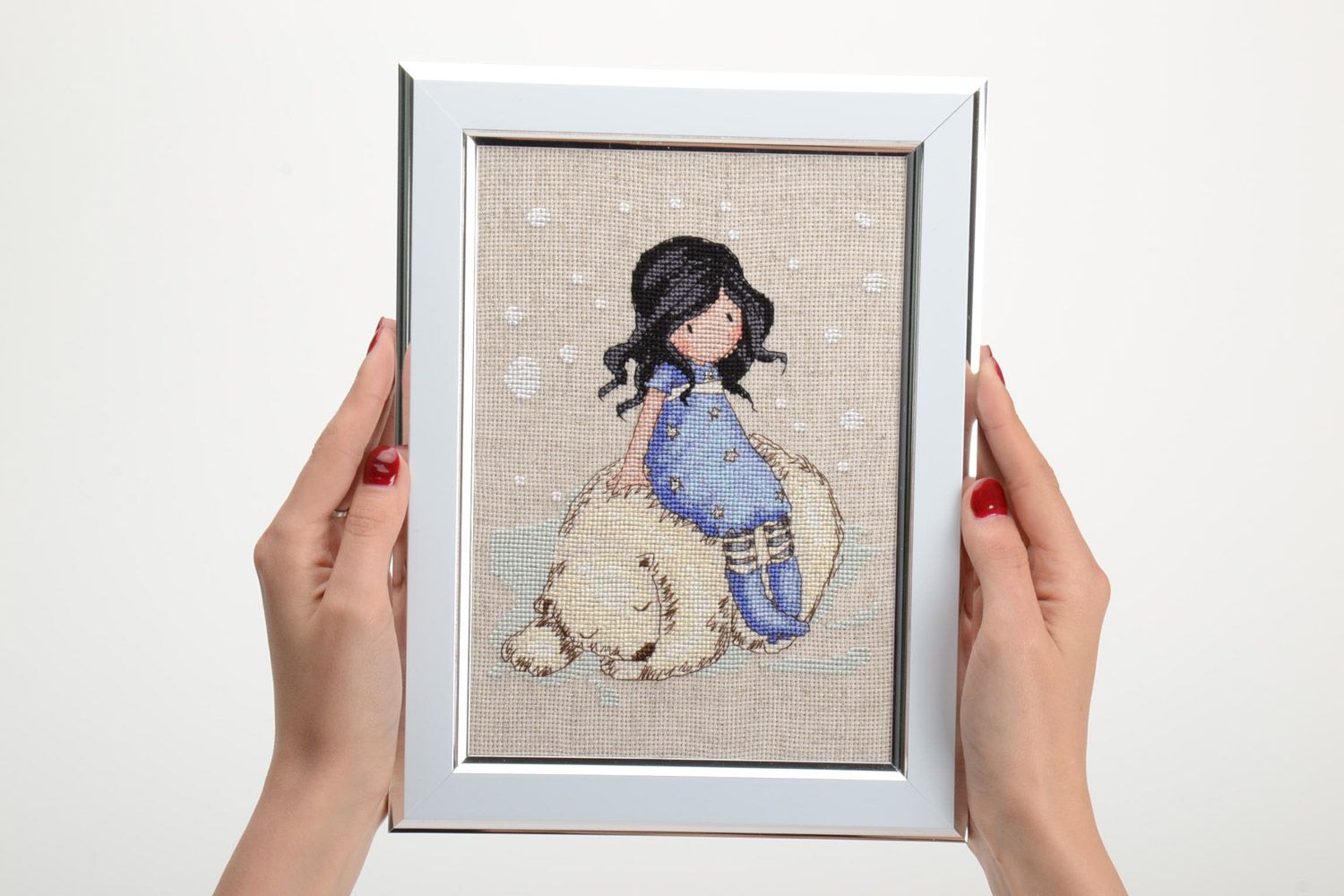 Handmade embroidered picture with frame in tender color palette Girl and Bear photo 5