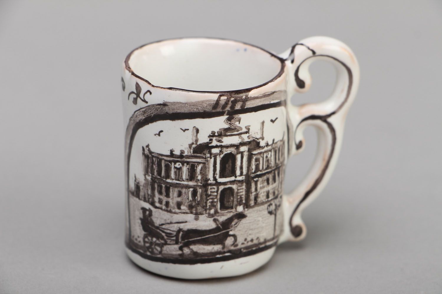 White clay porcelain espresso coffee cup with elegant handle and painting of Odessa Opera House photo 1