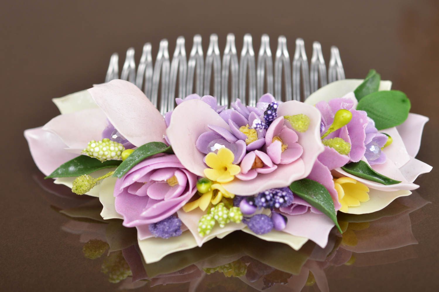 Violet cute handmade beautiful hair comb with flowers made of polymer clay photo 2