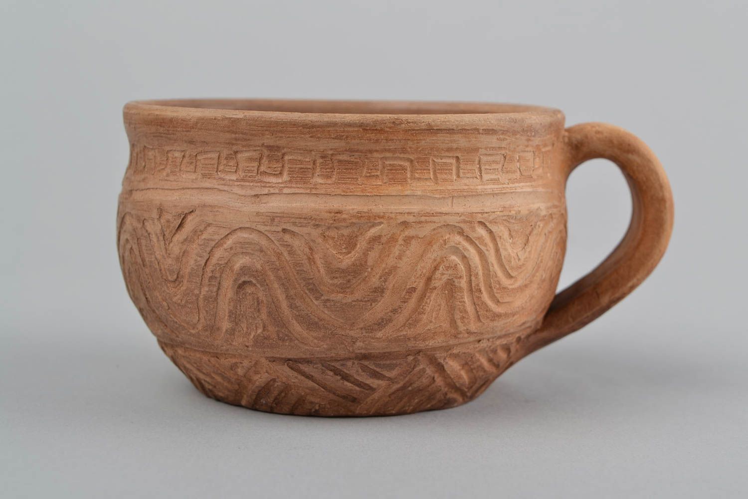 Handmade ceramic light brown coffee cup with Mayan patterns photo 3