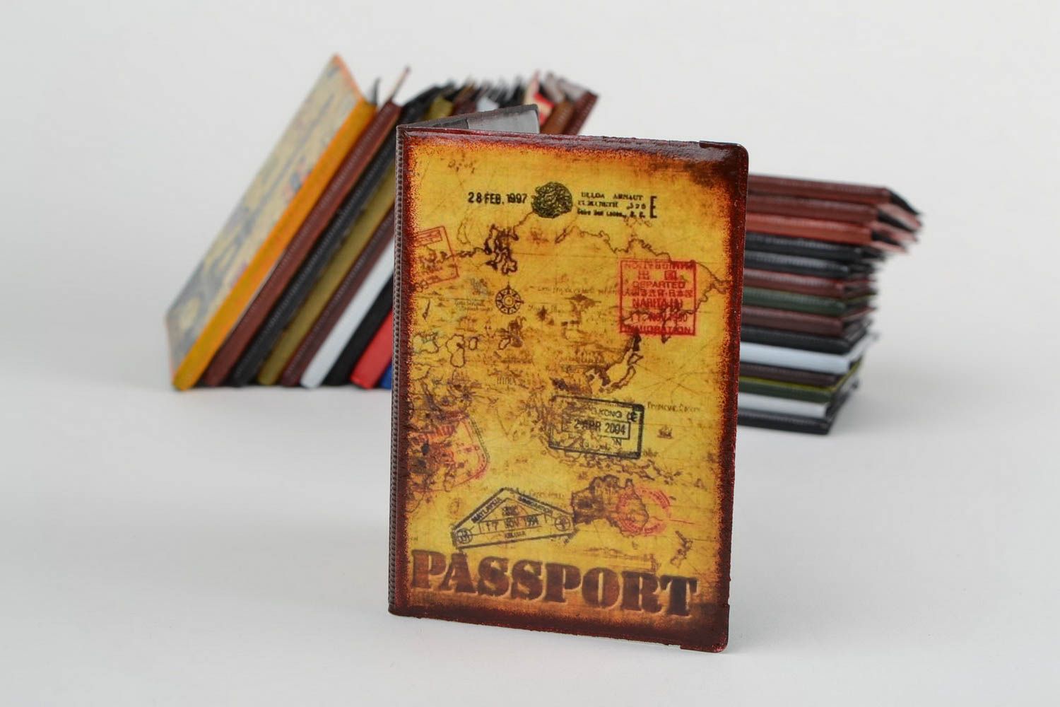 Handmade designer faux leather passport cover with decoupage retro pattern photo 1