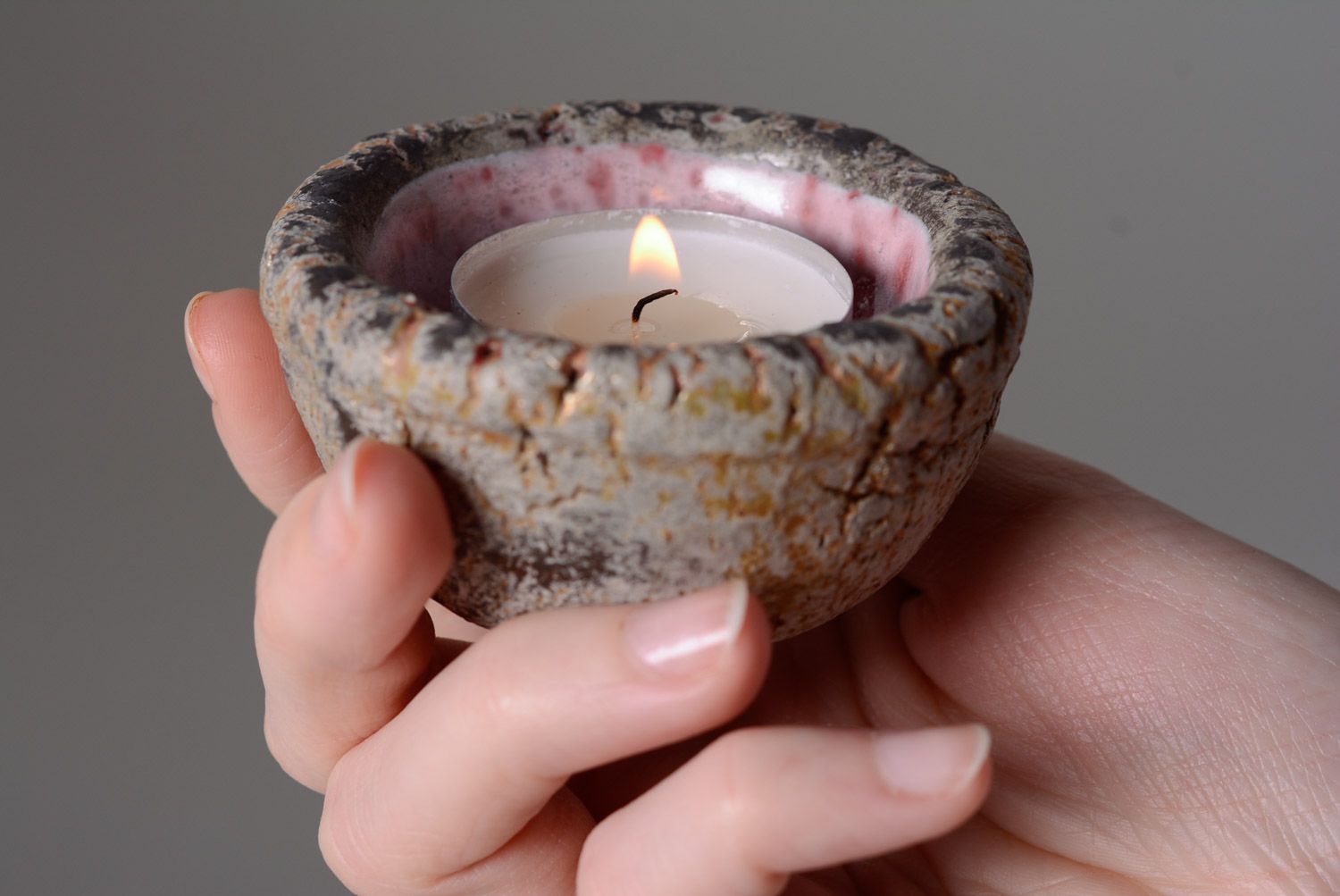 Small unusual handmade candle holder molded of clay for one tablet candle  photo 2