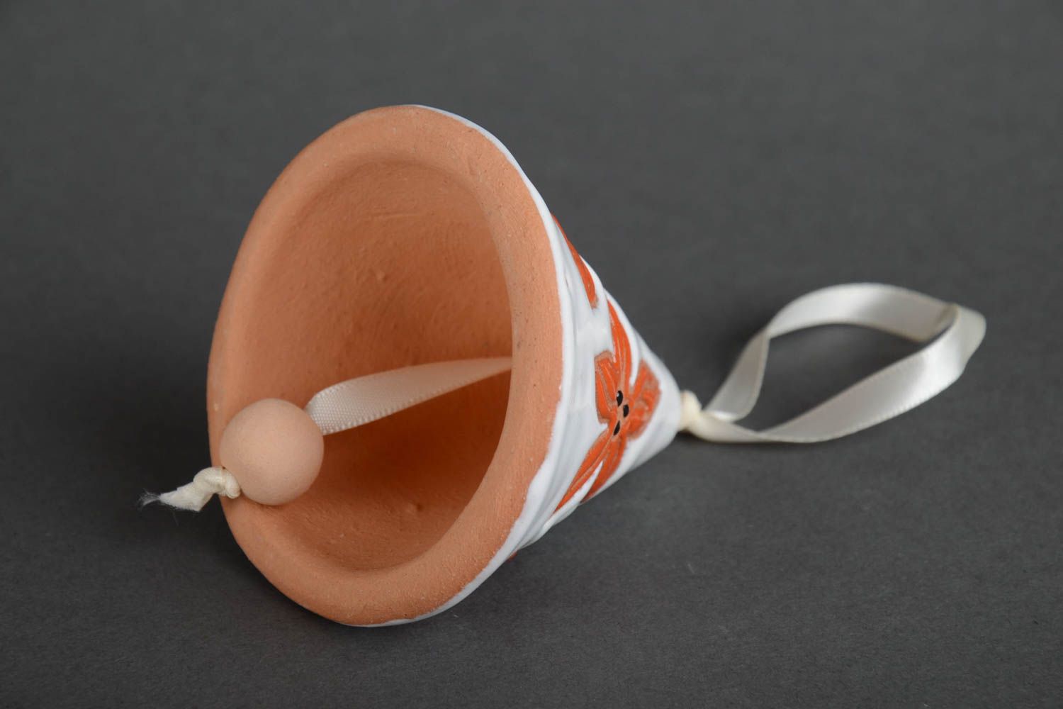 Handmade small ceramic white and orange decorative hanging bell with flowers photo 3