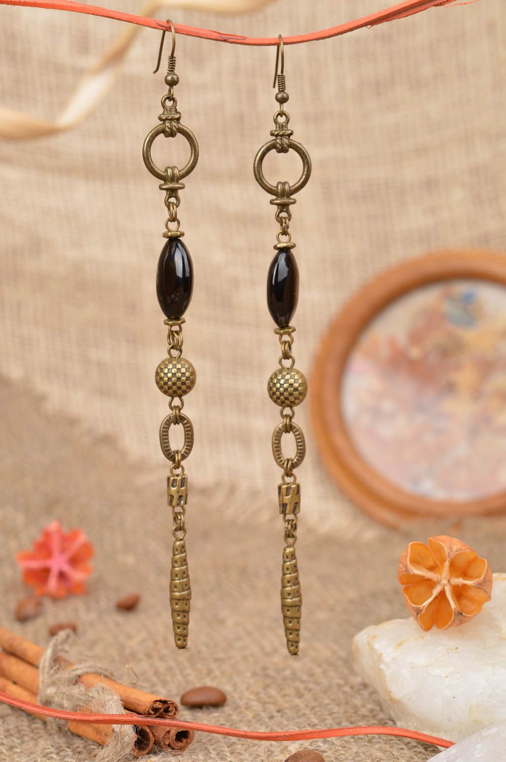 Handmade elegant long metal earrings with black beads ethnic Black Eye photo 1