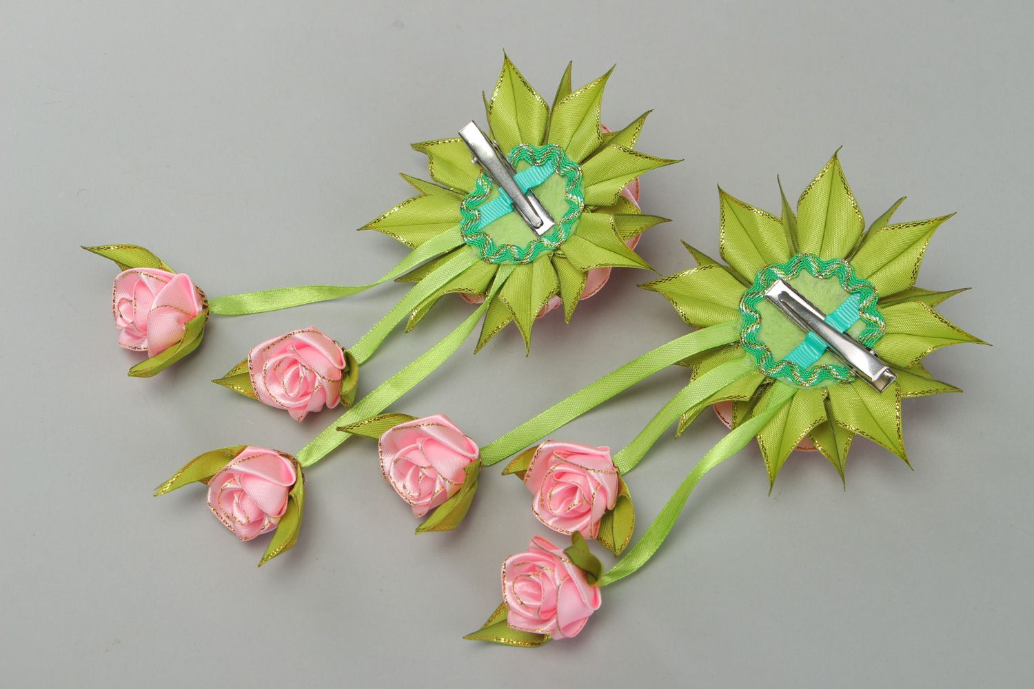 Set of handmade hair clips with tender pink satin kanzashi flowers 2 items photo 3