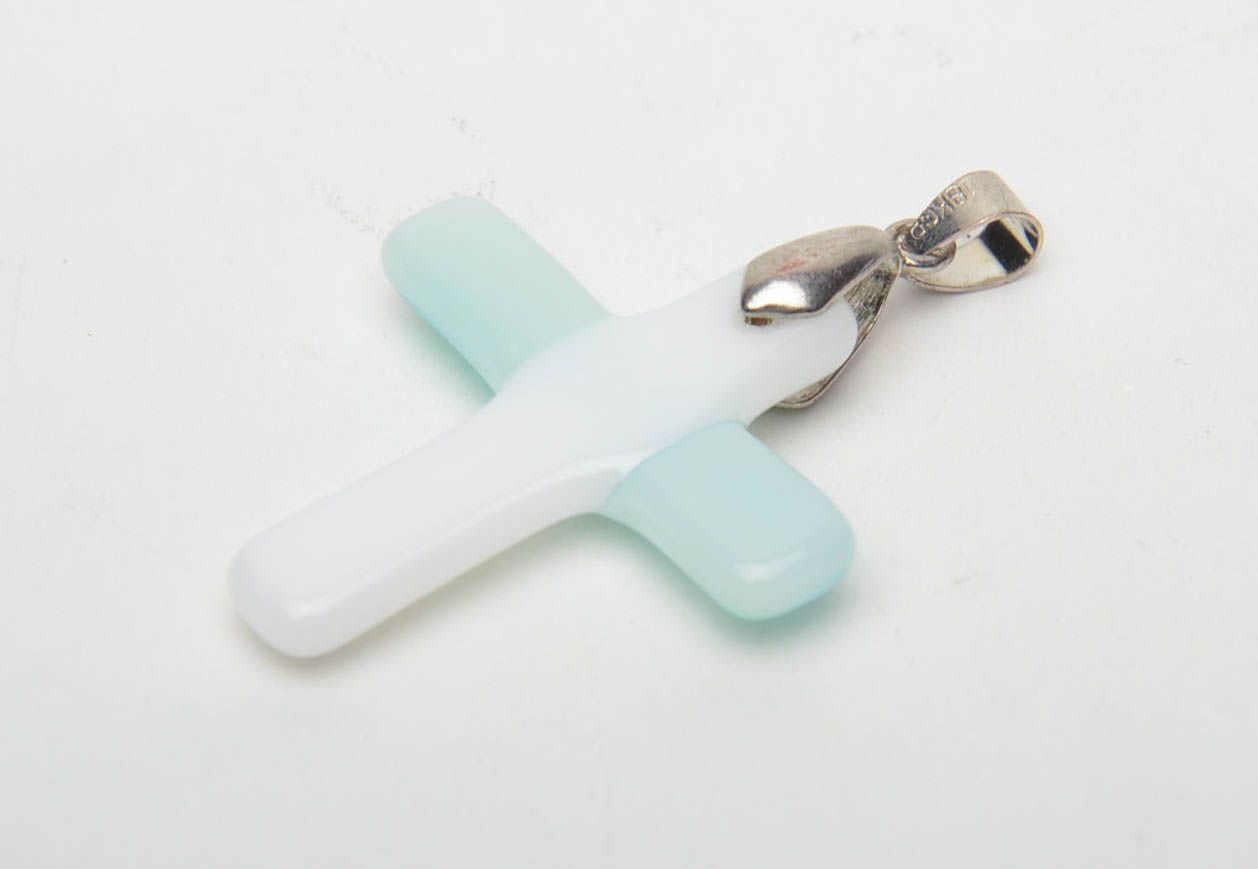 Unusual fused glass pendant in the shape of cross photo 5