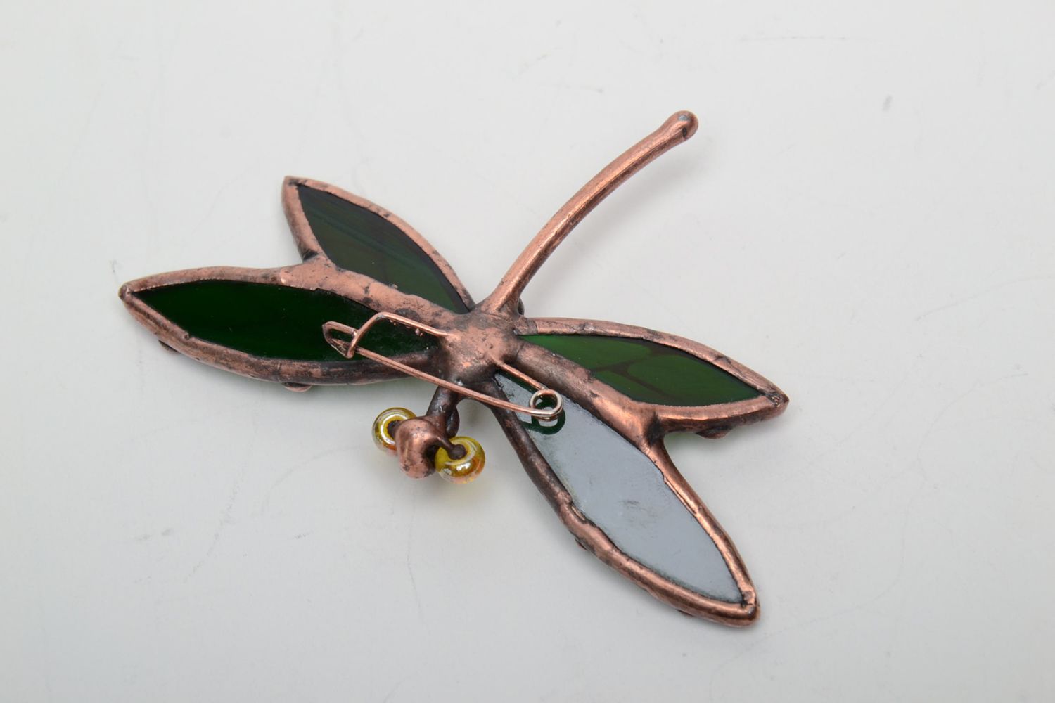 Stained glass brooch in the shape of dark green dragonfly photo 4