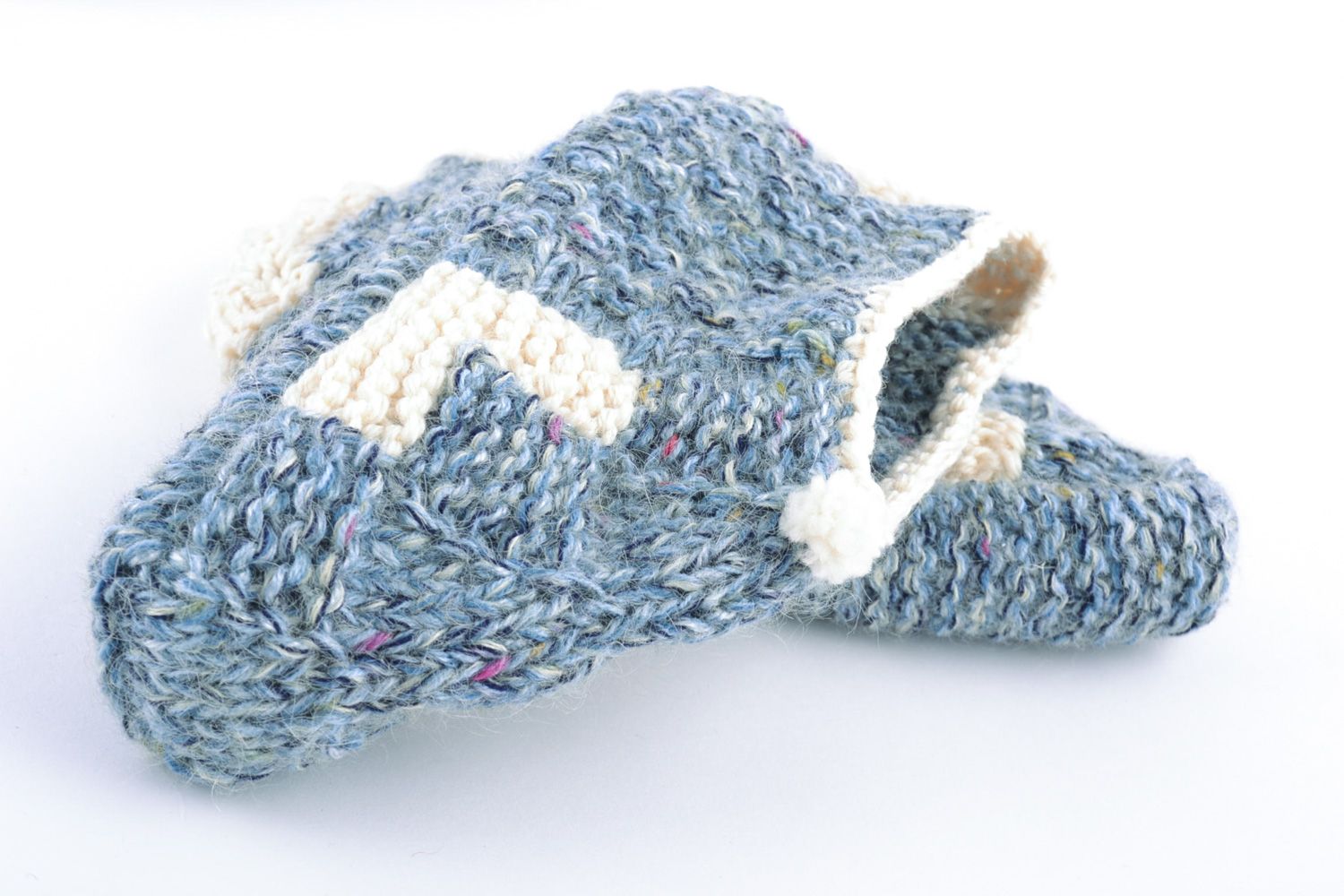Beautiful warm handmade knitted half-woolen slippers of blue color photo 5