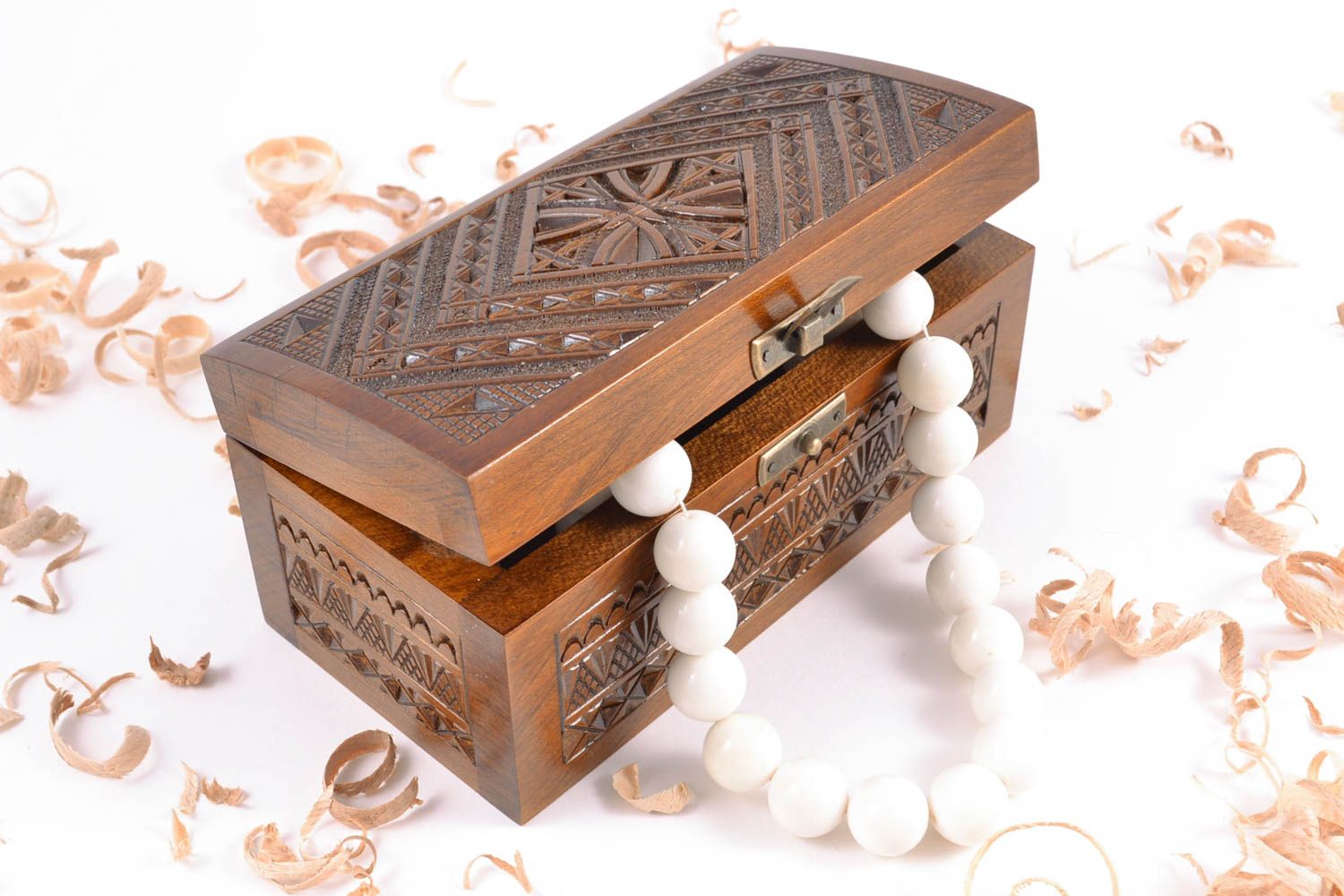 Rectangular carved wooden jewelry box with lock photo 1