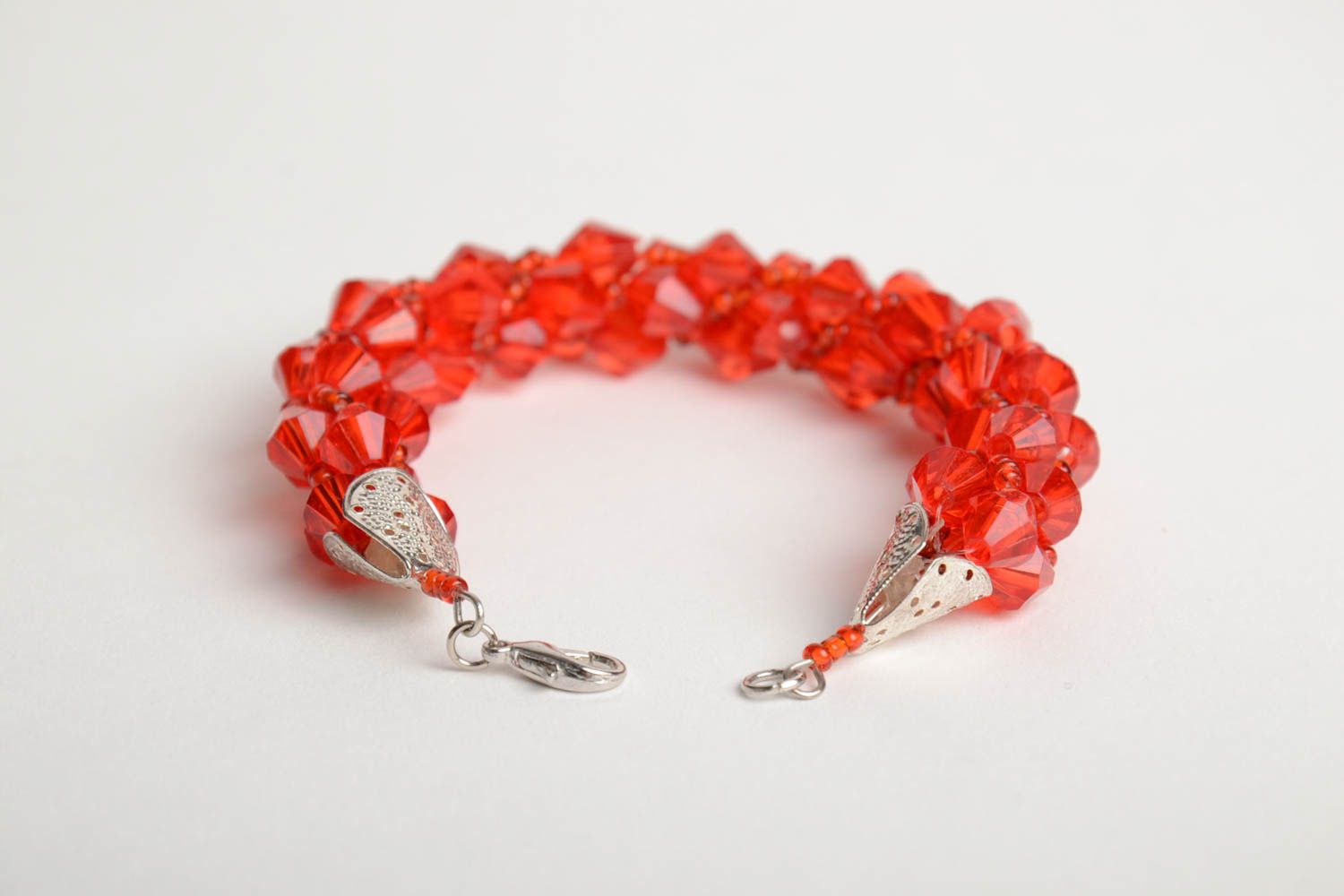 Handmade wrist bracelet crocheted of red Czech seed beads and faceted beads photo 4