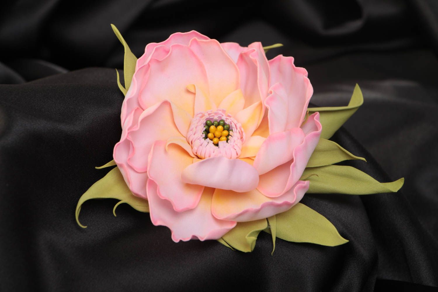 Handmade designer hair clip brooch with pink volume foamiran flower and leaves photo 1
