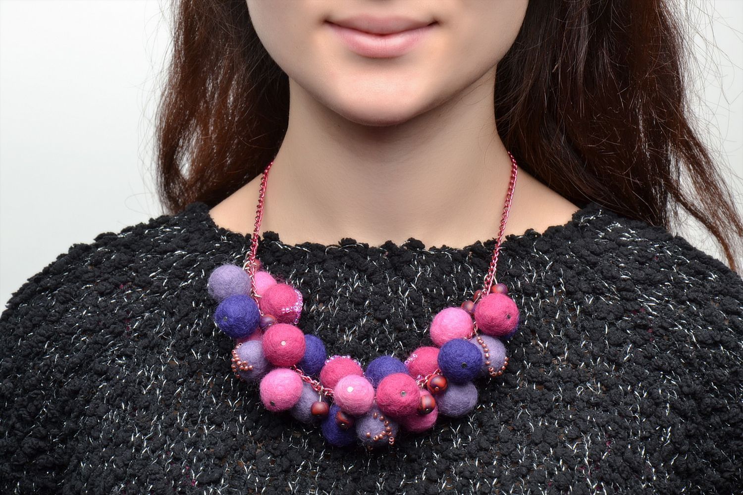 Unusual multi-colored felted wool ball necklace photo 2