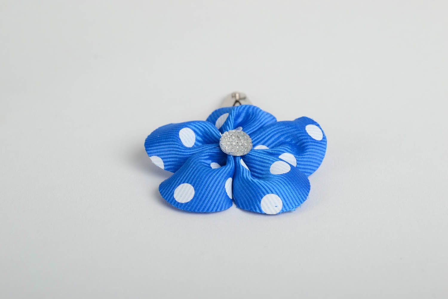Decorative hair clip with handmade satin ribbon flower blue and white polka dot photo 4