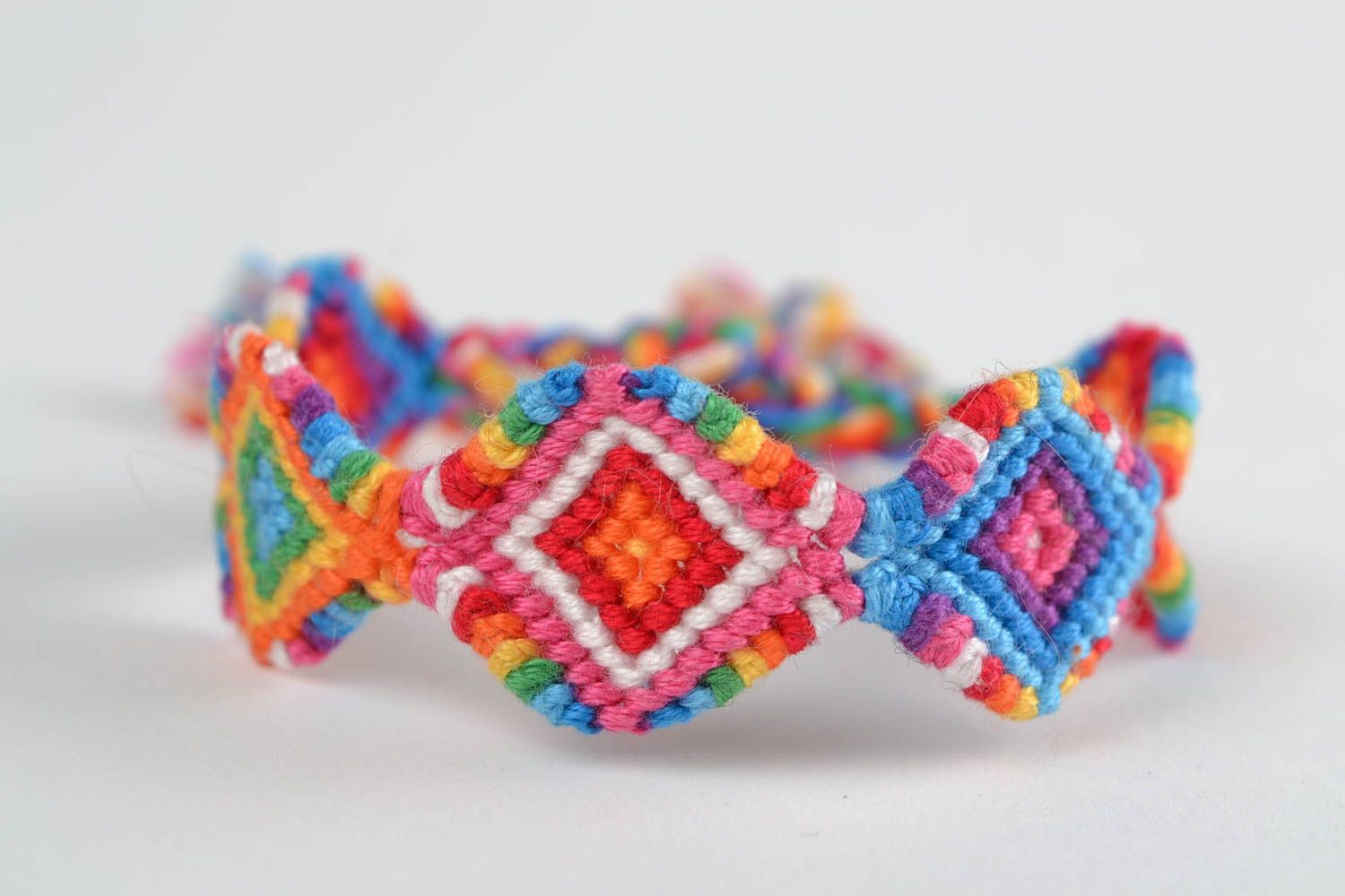 Unusual bright handmade macrame woven friendship bracelet with ties photo 3