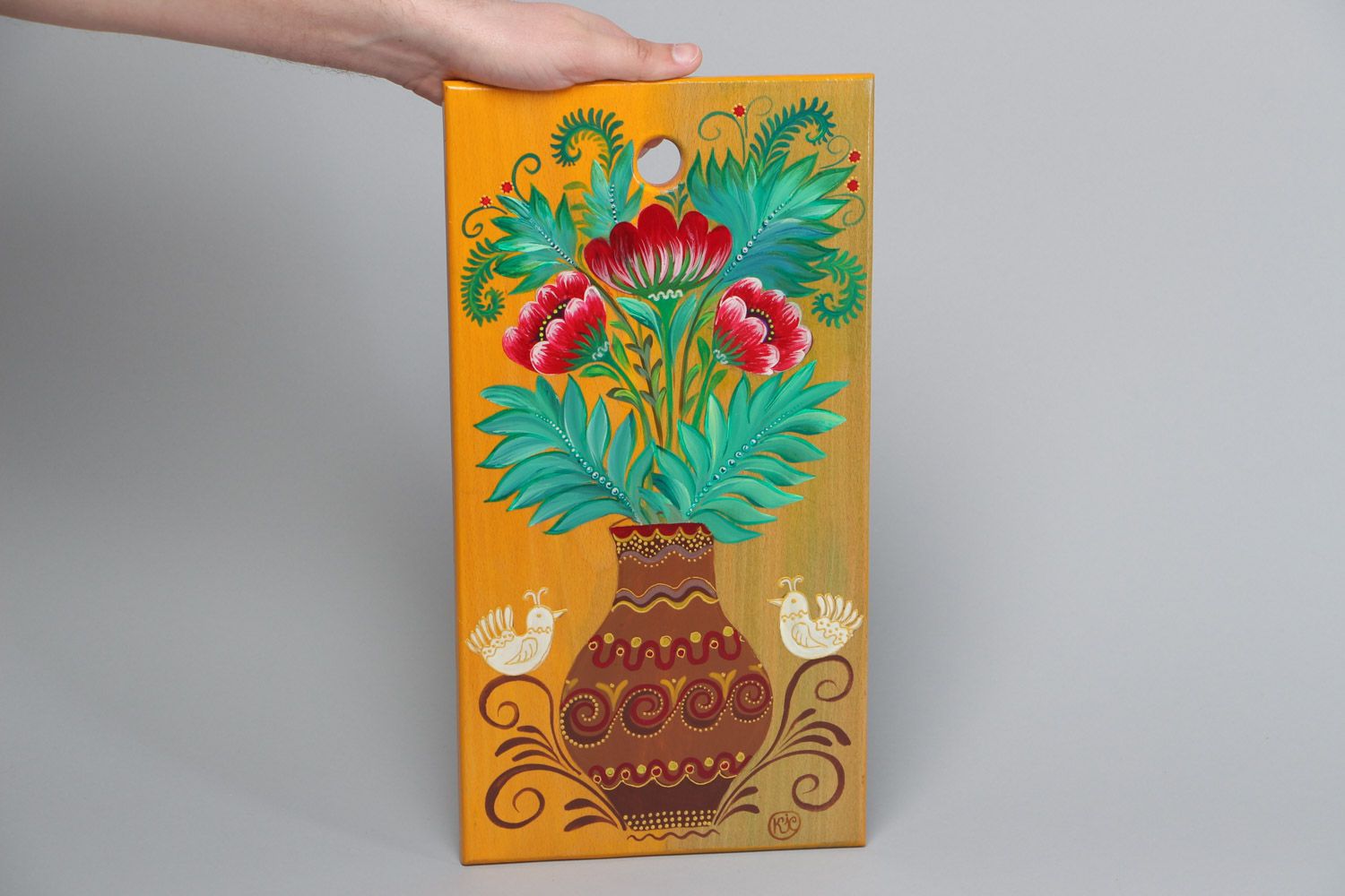 Handmade decorative wooden cutting board with floral painting for kitchen photo 5