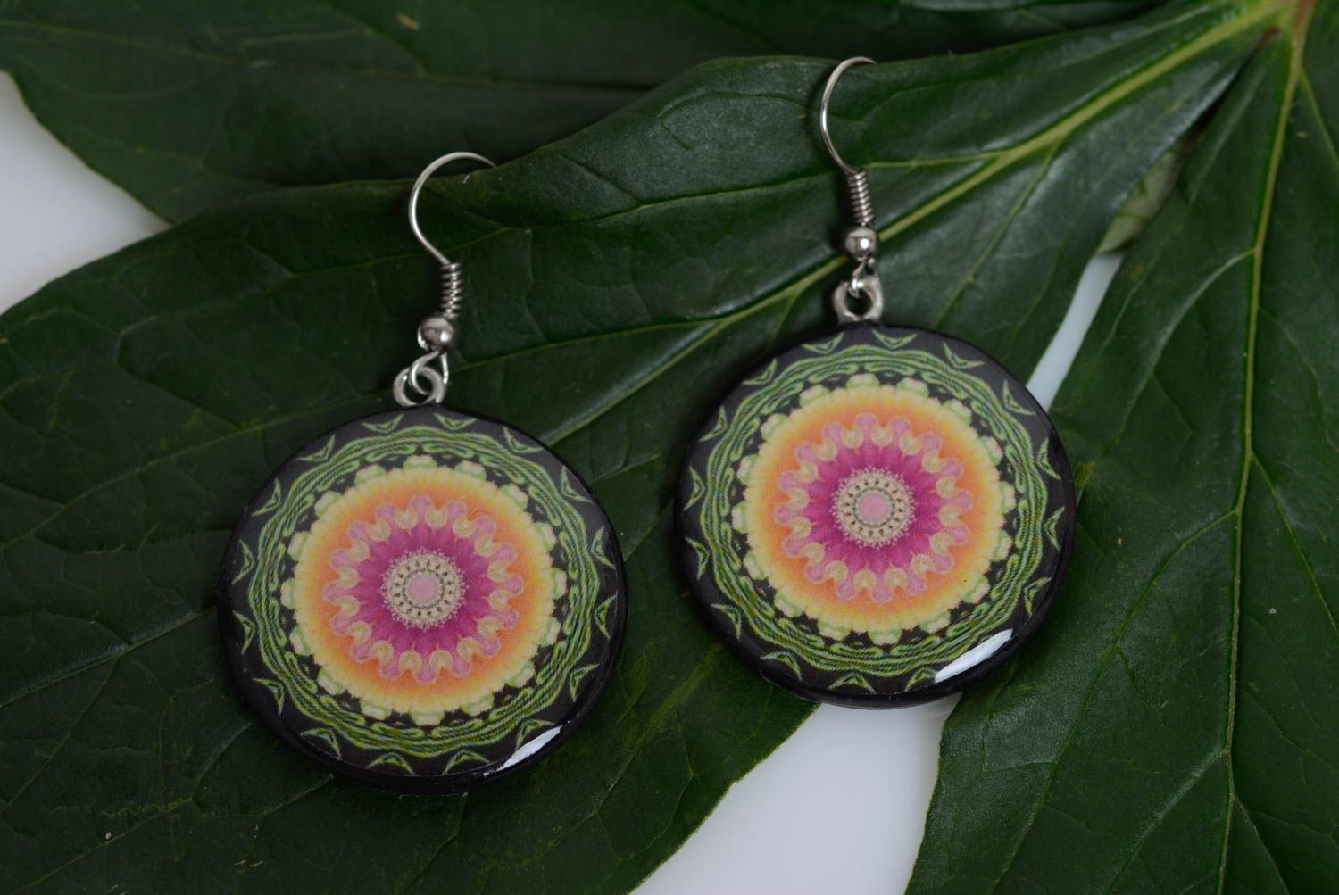 Handmade colorful patterned polymer clay round dangling earrings with decoupage  photo 4
