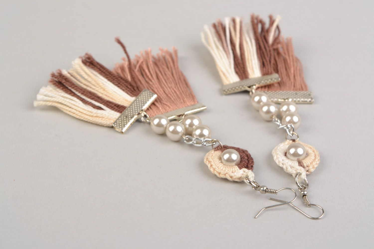 Handmade beige and brown long earrings woven of threads with beads for women photo 3