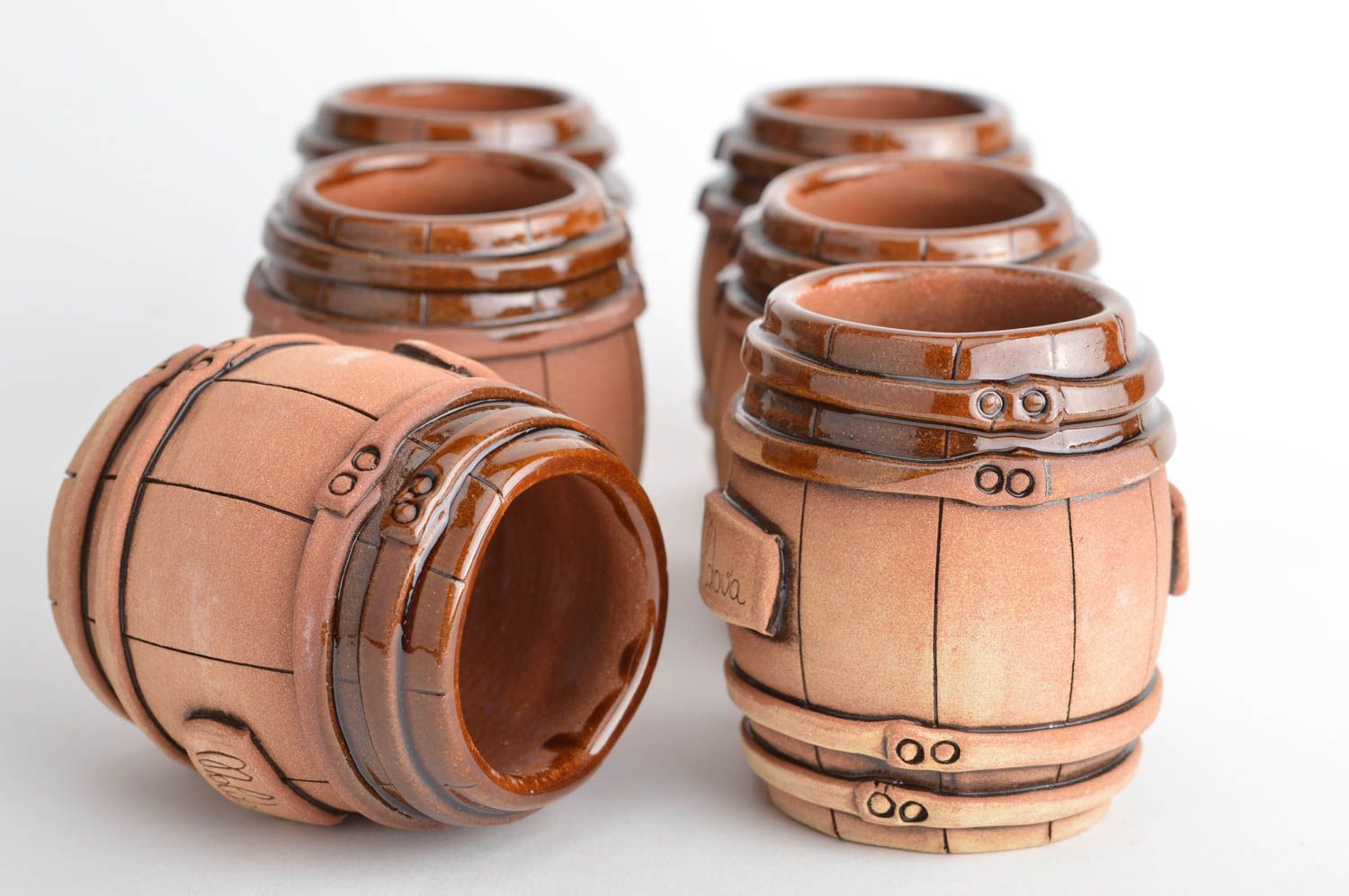 Set of 6 six red clay glazed 3 oz drinking cups with no handle in the design of the wooden barrel photo 5