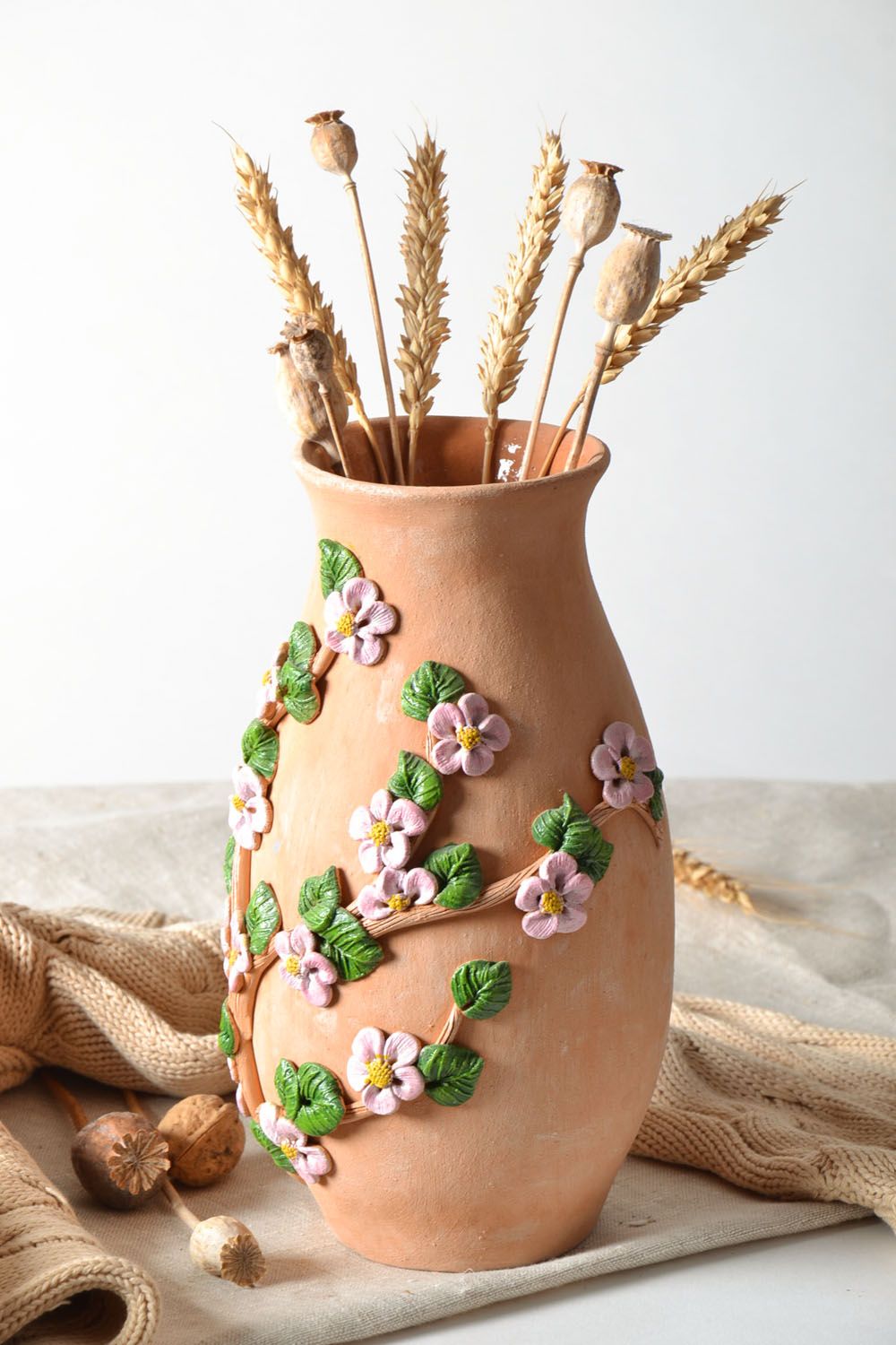 Decorative ceramic handmade flower vase with a molded ornament for home décor 10, 3,5 lb photo 1