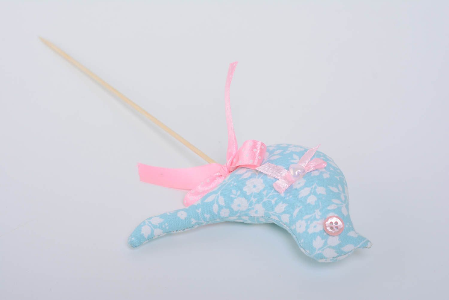 Toy on stick for flower pots decoration blue bird with a pink bow hand made photo 4