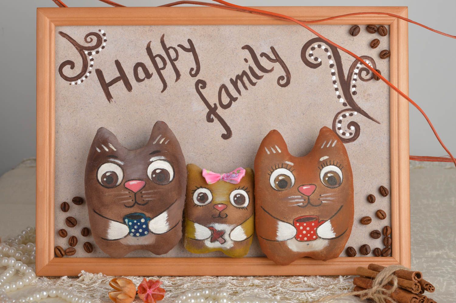 Handmade decorative wall panel with soft toys flavored cats interior decor ideas photo 1