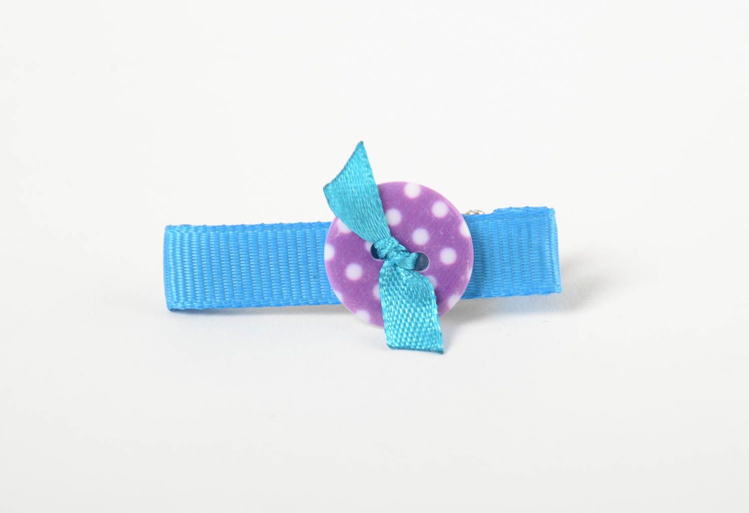 Hairpin for baby made of rep ribbon with blue button handmade hair accessory photo 4