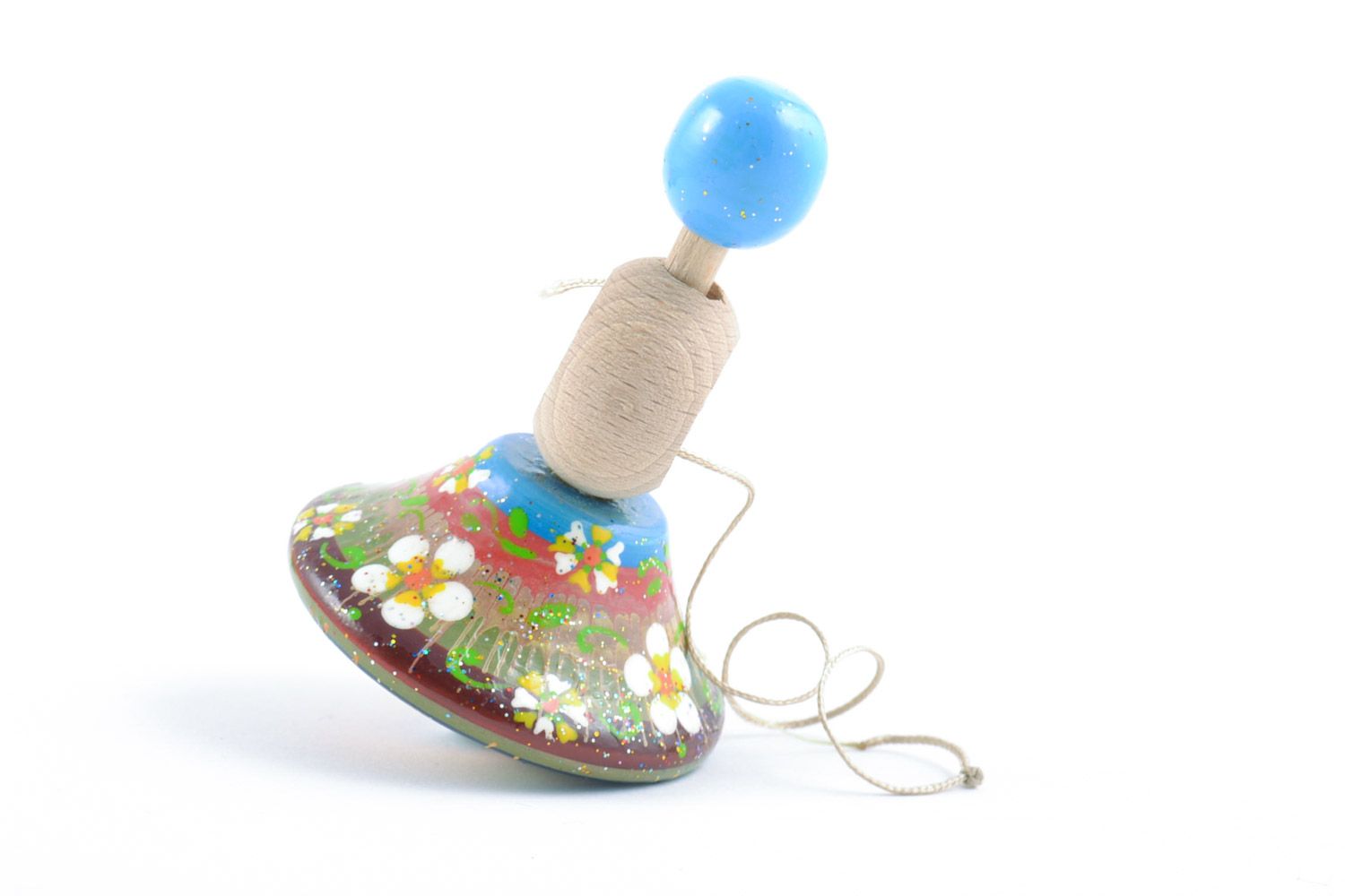 Painted handmade wooden spinning top toy for child made of natural materials photo 5