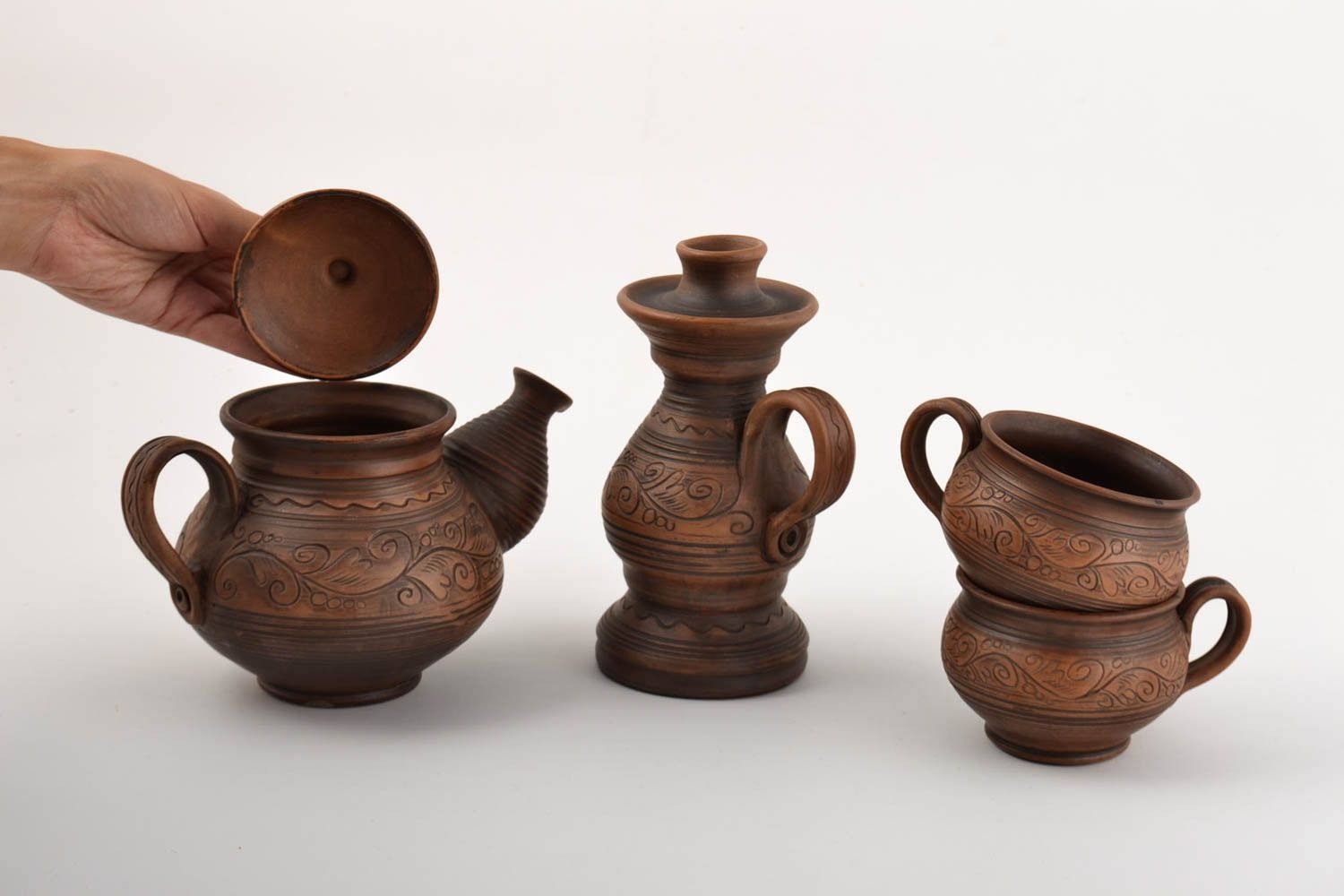 Заварной чайник ручной работы глиняные чашки керамический подсвечник набор фото 5