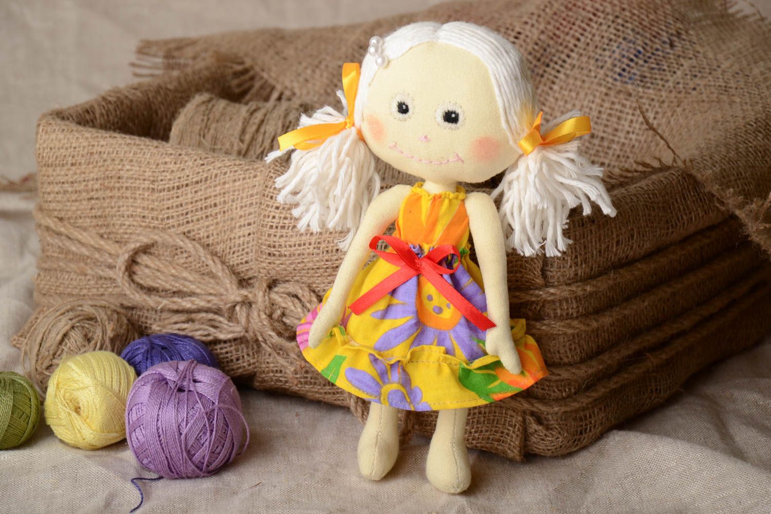 Large beautiful handmade soft doll sewn of natural fabrics photo 1