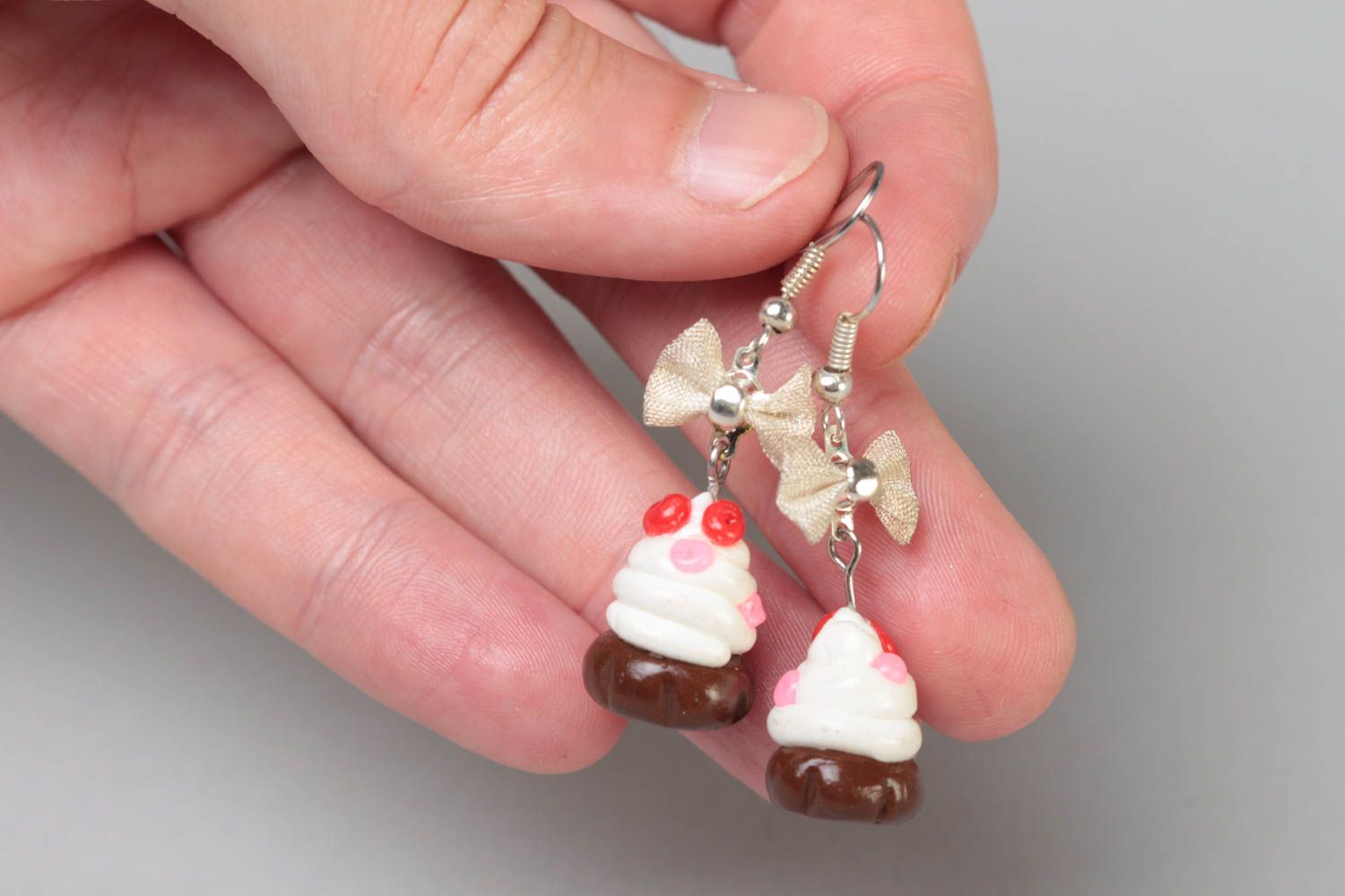 Handmade designer polymer clay dangling earrings with colorful cupcakes photo 5