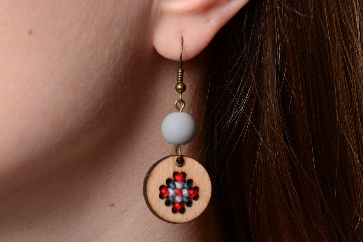 Round wooden earrings with cross stitch embroidery and beads for women photo 5