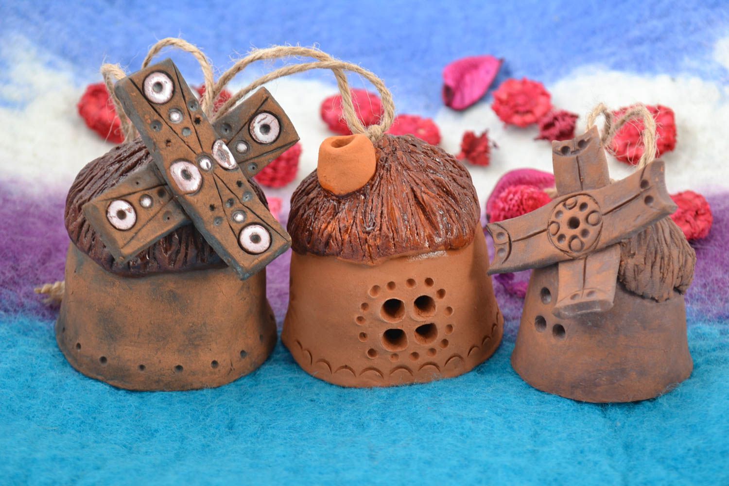Set of ceramic bells made of red clay handmade home decorative elements 3 pieces photo 1