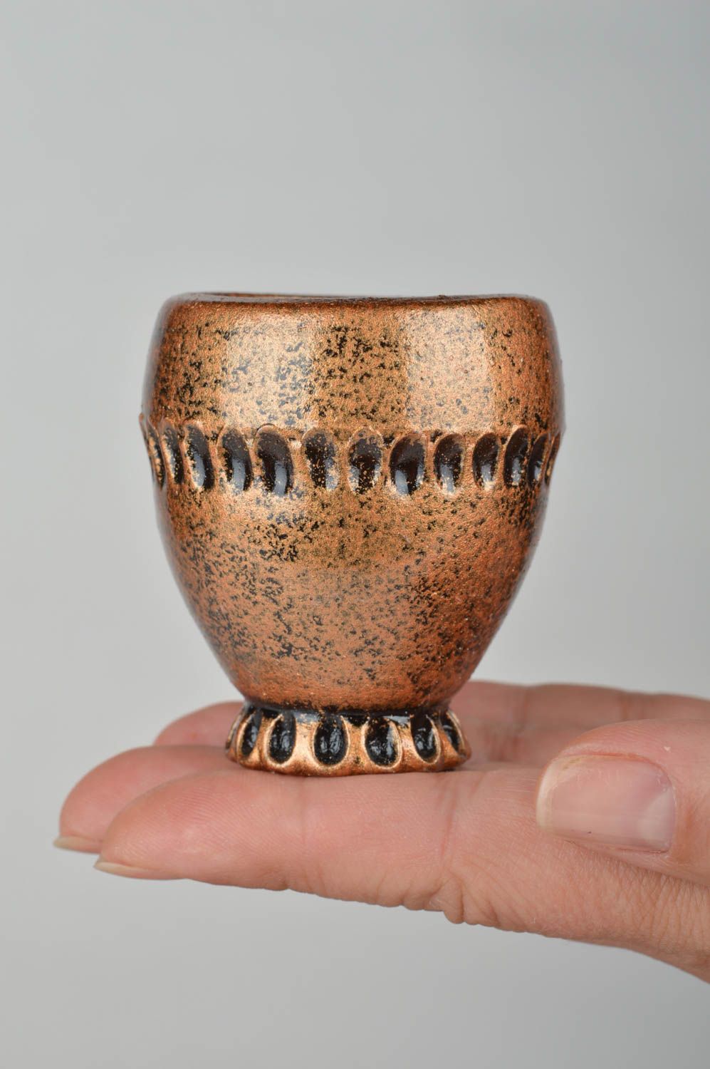 Handmade beautiful unusual stylish small ceramic shot glass like bronze photo 3