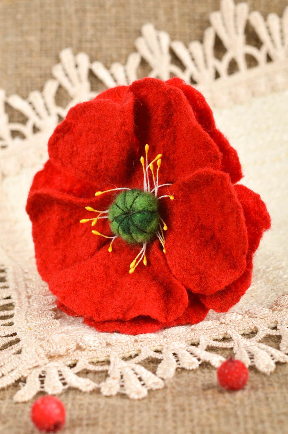 Handmade Haarschmuck Blume Brosche Modeschmuck Geschenk für Frau rote Mohnblume foto 1