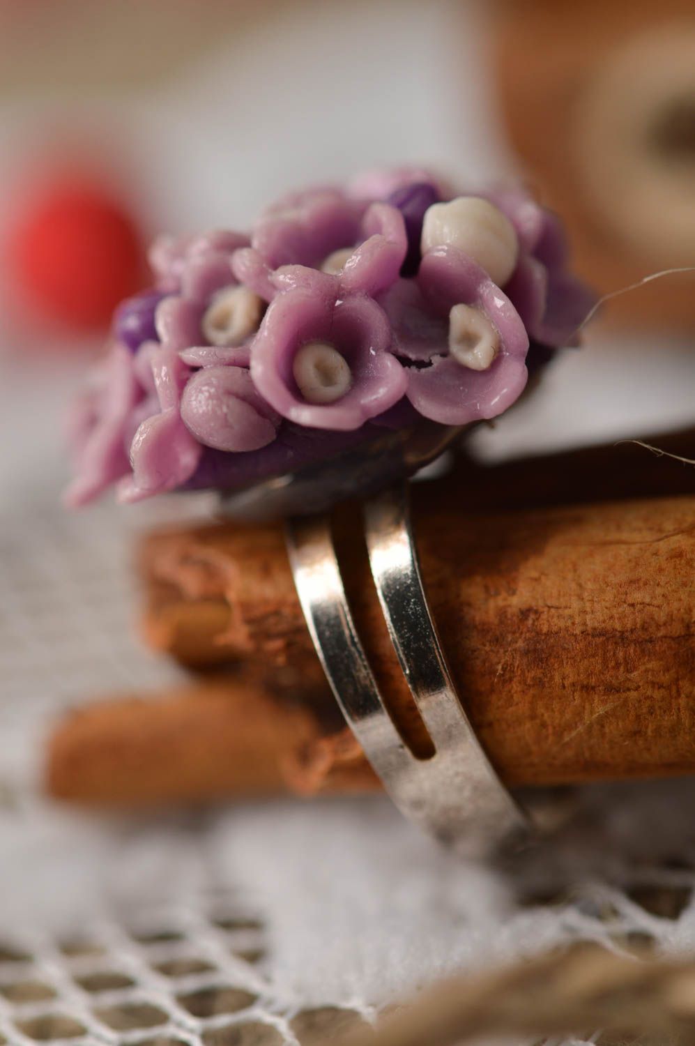 Bague fleurs Bijou fait main lilas en pâte polymère réglable Cadeau pour femme photo 2